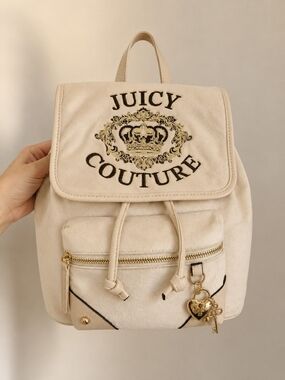 Juicy Couture Cream Drawstring Backpack with Logo Lining and Gold Hardware • Y2K